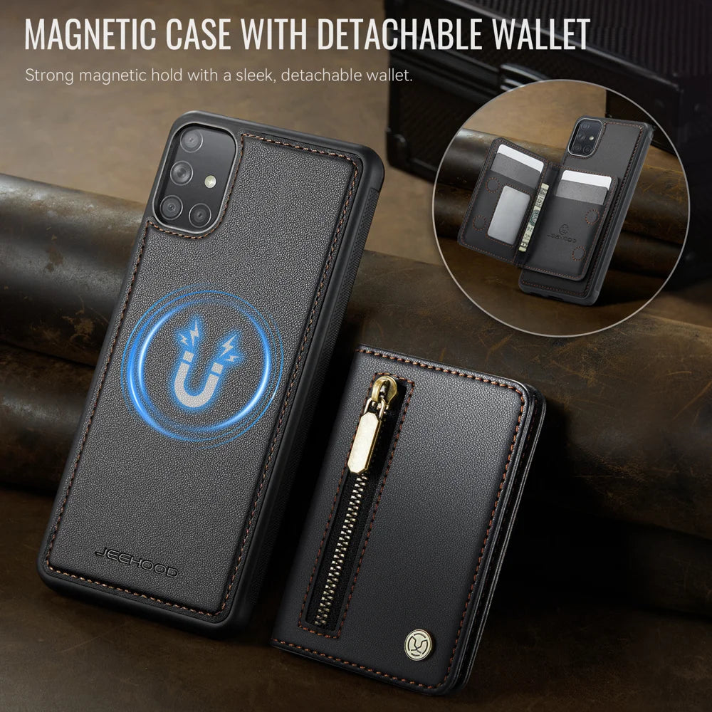 JEEHOOD For Samsung Galaxy A51 4G SM-A515 Case  J12 Magnetic Detachable Zipper Wallet Kickstand Leather Back Cover Magnetic Case - Black - 4