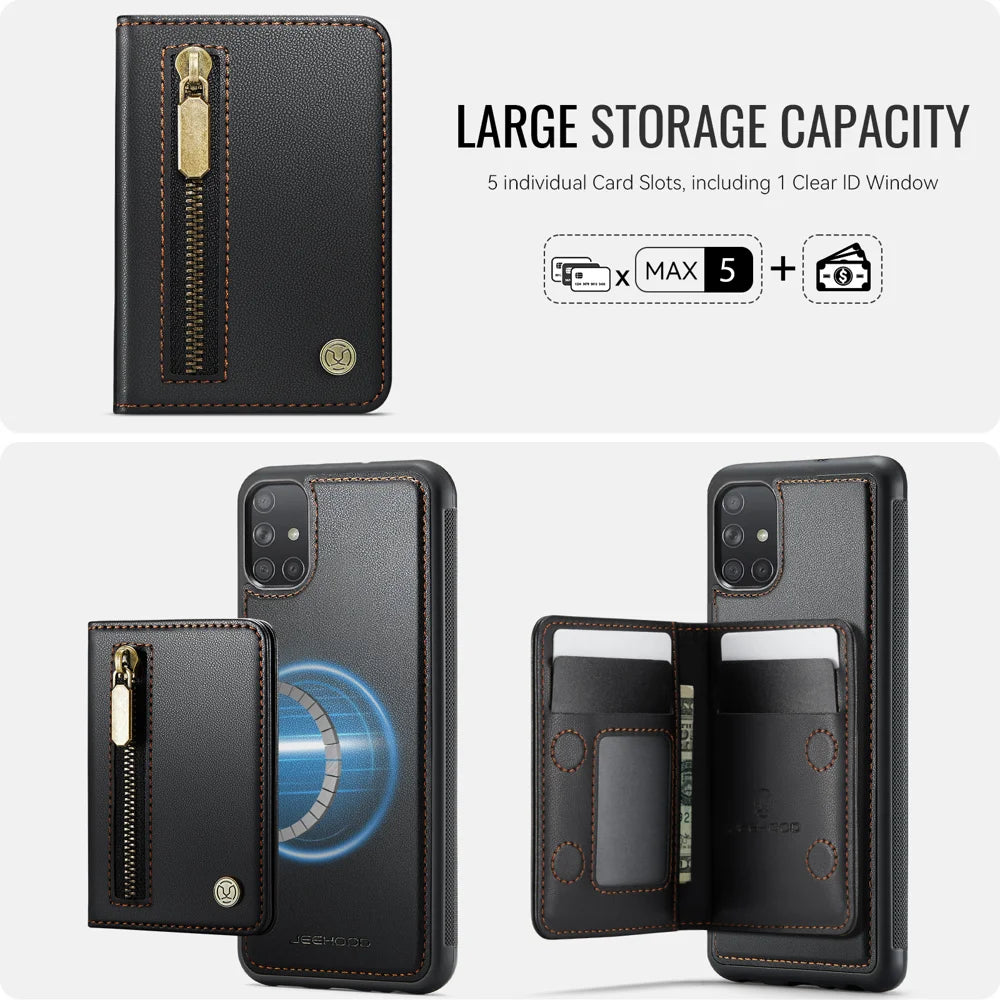 JEEHOOD For Samsung Galaxy A51 4G SM-A515 Case  J12 Magnetic Detachable Zipper Wallet Kickstand Leather Back Cover Magnetic Case - Black - 5