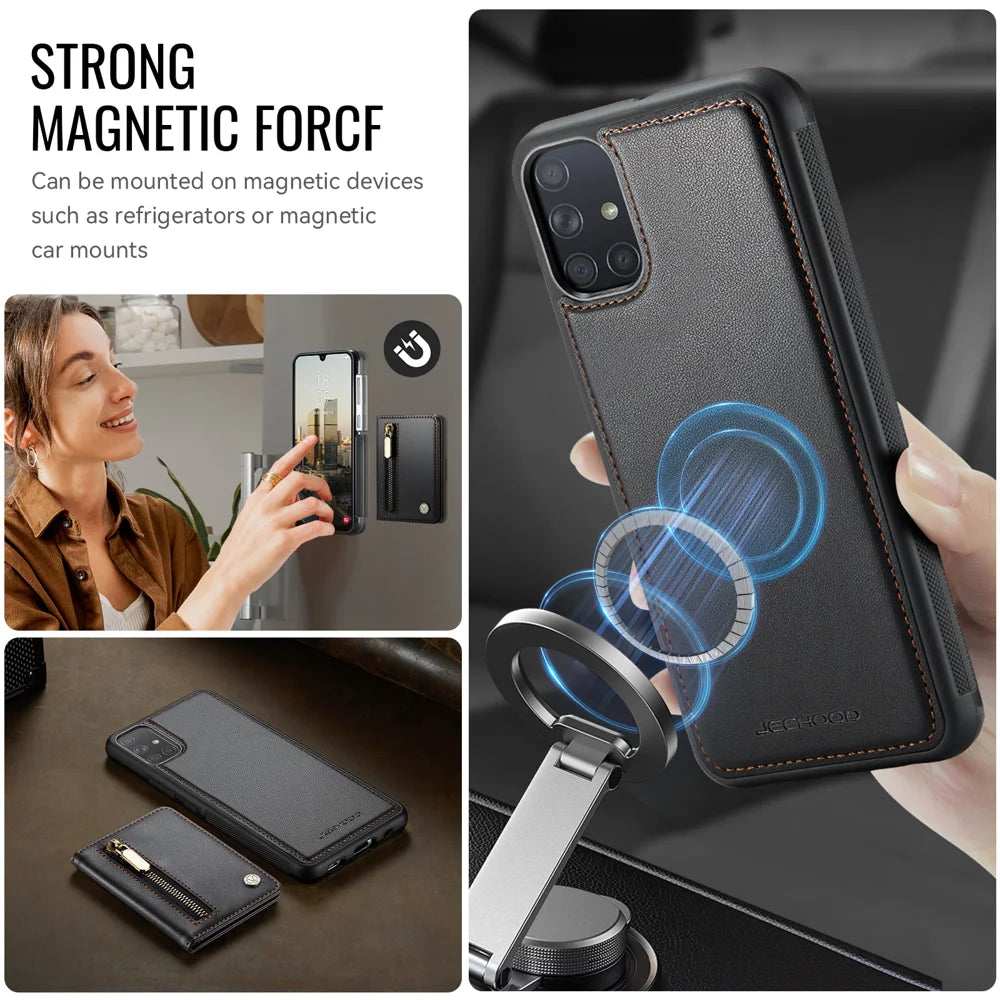 JEEHOOD For Samsung Galaxy A51 4G SM-A515 Case  J12 Magnetic Detachable Zipper Wallet Kickstand Leather Back Cover Magnetic Case - Black - 6