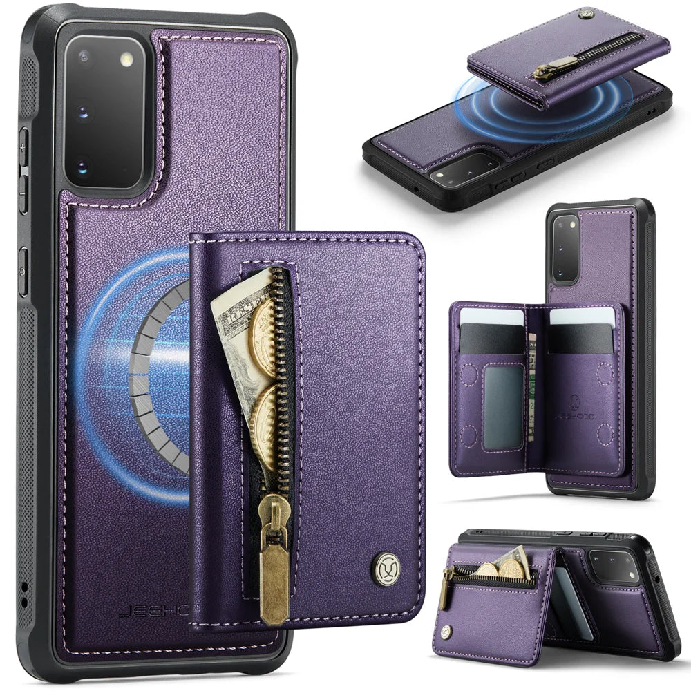 JEEHOOD For Samsung Galaxy S20 4G / Galaxy S20 5G Case  J12 Magnetic Detachable Zipper Wallet Kickstand Leather Back Cover Magnetic Case - Purple - 1