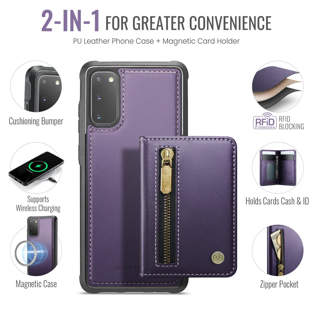JEEHOOD For Samsung Galaxy S20 4G / Galaxy S20 5G Case  J12 Magnetic Detachable Zipper Wallet Kickstand Leather Back Cover Magnetic Case - Purple - 2