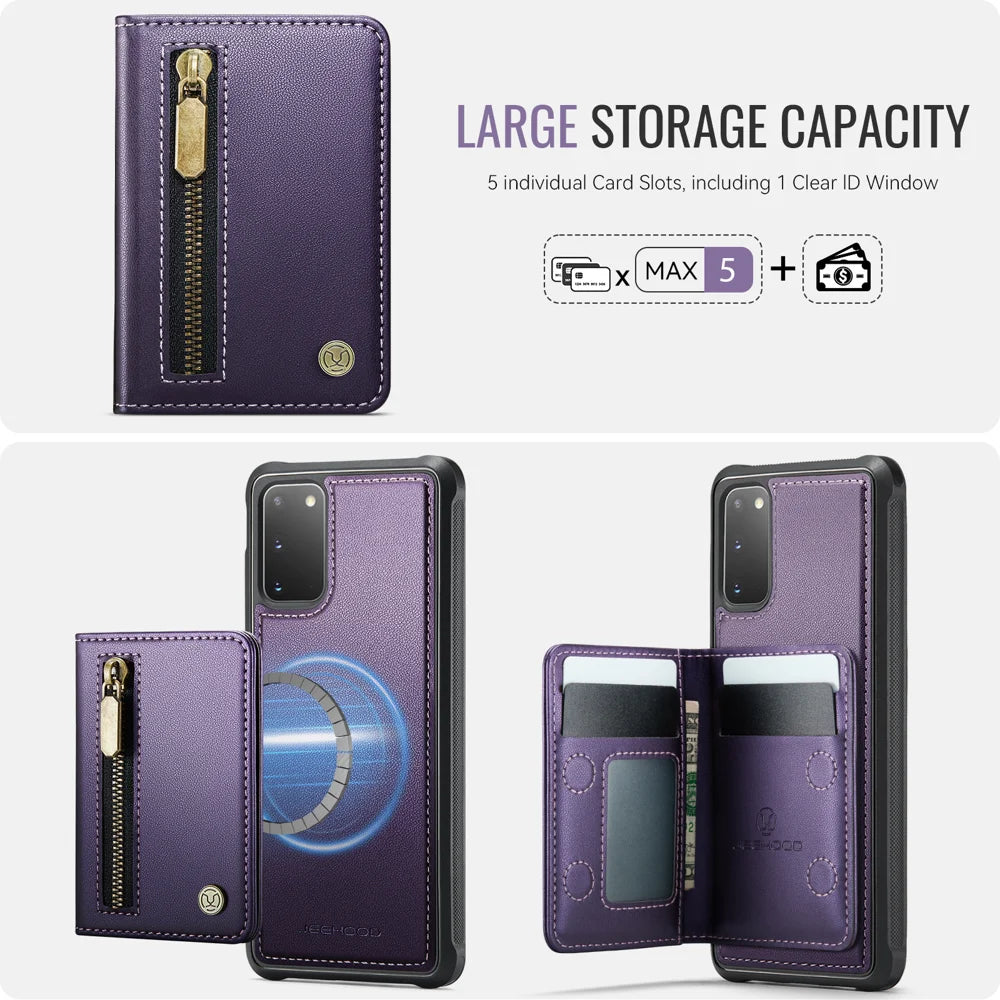 JEEHOOD For Samsung Galaxy S20 4G / Galaxy S20 5G Case  J12 Magnetic Detachable Zipper Wallet Kickstand Leather Back Cover Magnetic Case - Purple - 5