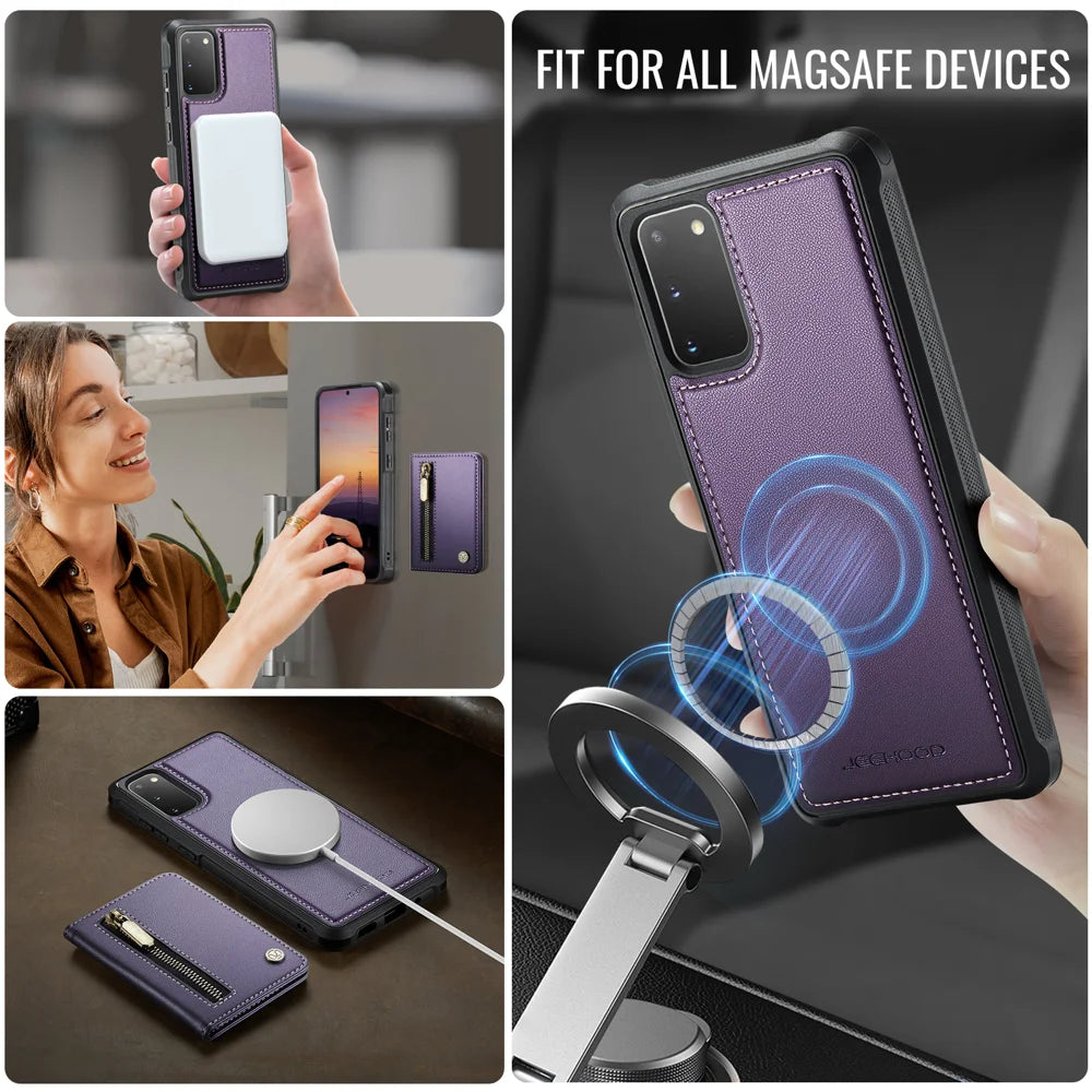 JEEHOOD For Samsung Galaxy S20 4G / Galaxy S20 5G Case  J12 Magnetic Detachable Zipper Wallet Kickstand Leather Back Cover Magnetic Case - Purple - 6