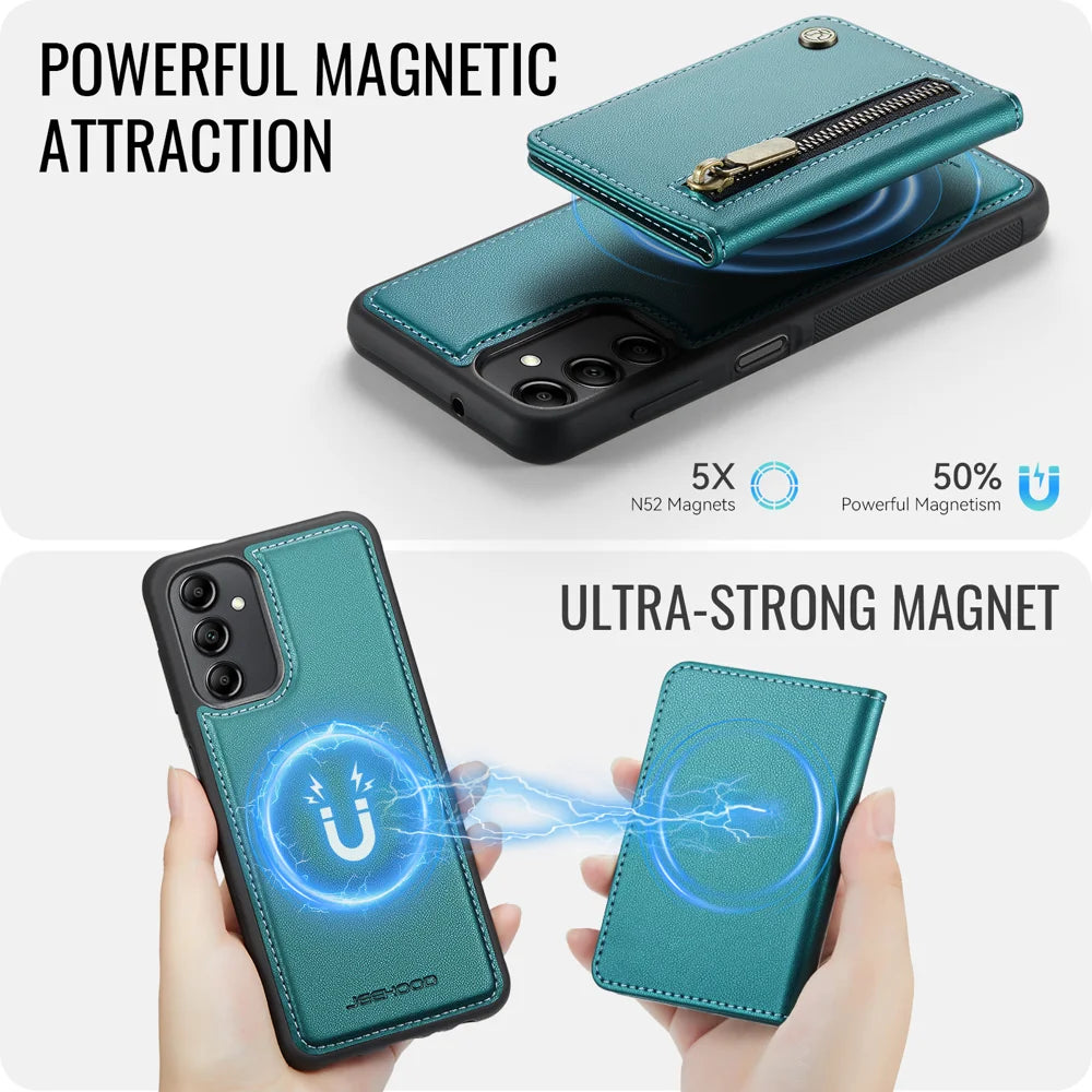 JEEHOOD For Samsung Galaxy A24 4G (162.1mm) Case  J12 Magnetic Detachable Zipper Wallet Kickstand Leather Back Cover Magnetic Case - Blue - 3