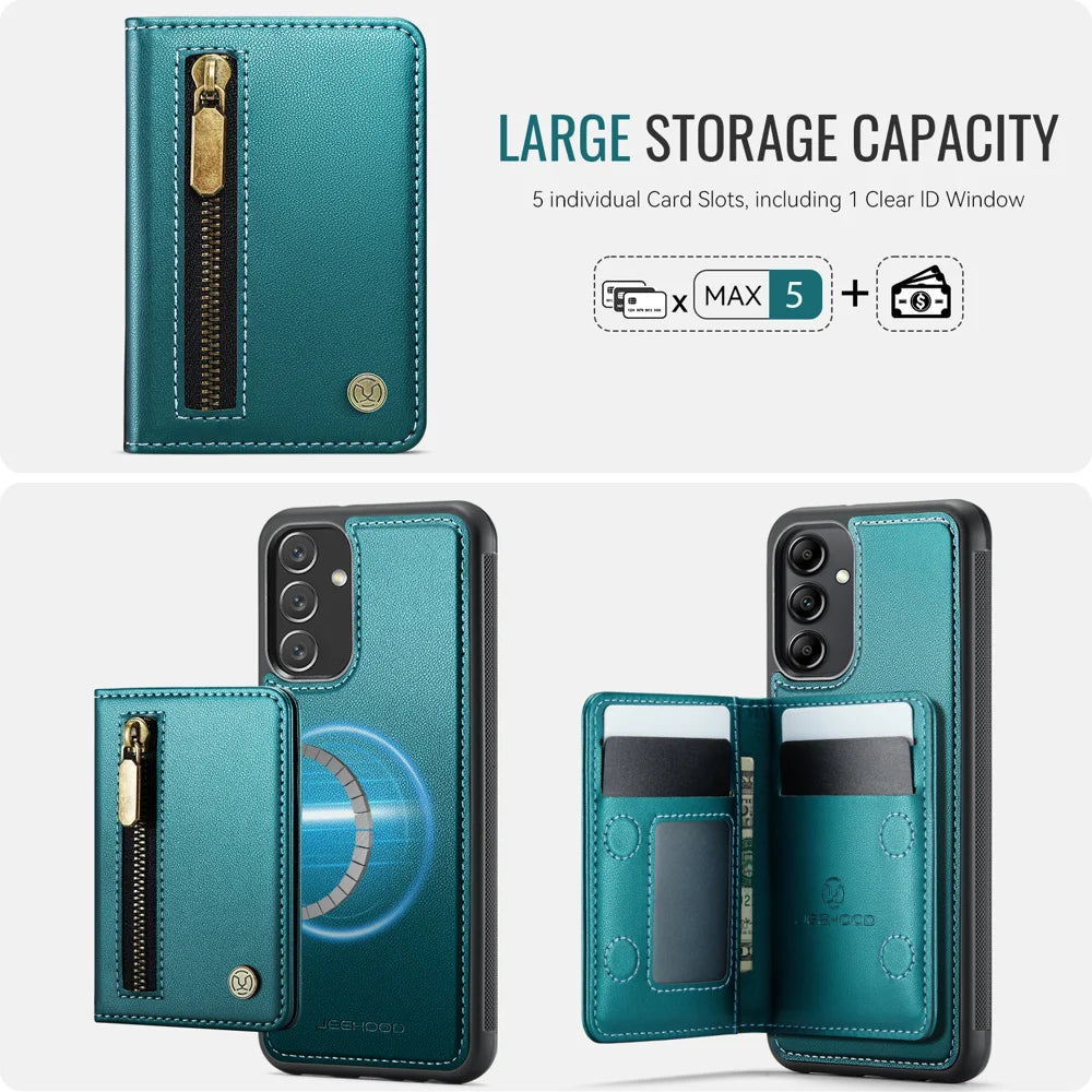 JEEHOOD For Samsung Galaxy A24 4G (162.1mm) Case  J12 Magnetic Detachable Zipper Wallet Kickstand Leather Back Cover Magnetic Case - Blue - 5