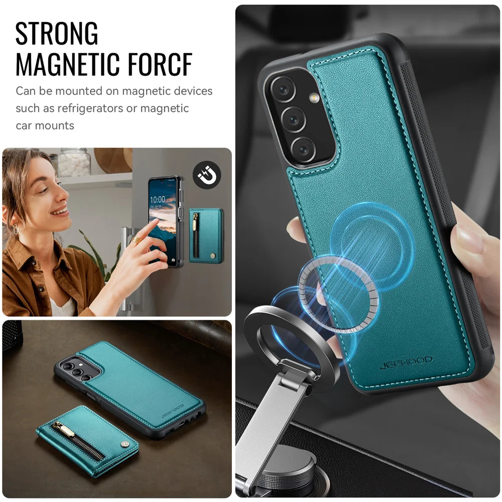 JEEHOOD For Samsung Galaxy A24 4G (162.1mm) Case  J12 Magnetic Detachable Zipper Wallet Kickstand Leather Back Cover Magnetic Case - Blue - 6