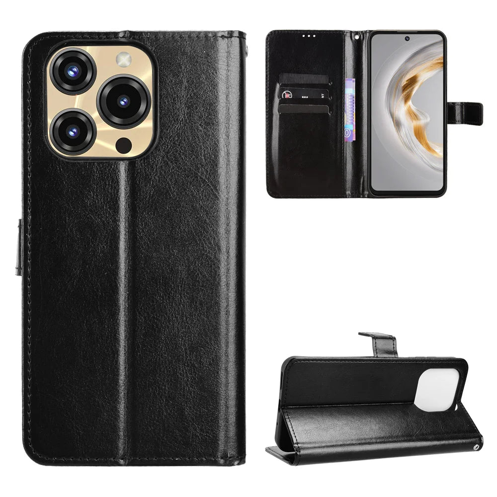 For Oukitel C69 PU Leather Case with Strap Crazy Horse Texture Phone Wallet Cover - Black - 1