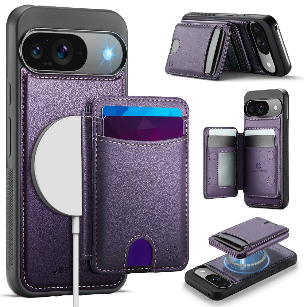 JEEHOOD For Google Pixel 9 Pro / Google Pixel 9 Case  J10 Magnetic Case Leather Back Phone Cover with Detachable Card Holder Kickstand - Purple - 1