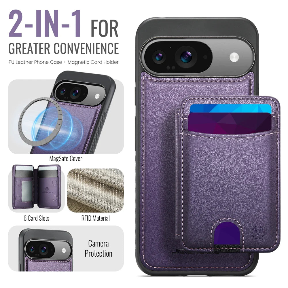 JEEHOOD For Google Pixel 9 Pro / Google Pixel 9 Case  J10 Magnetic Case Leather Back Phone Cover with Detachable Card Holder Kickstand - Purple - 2