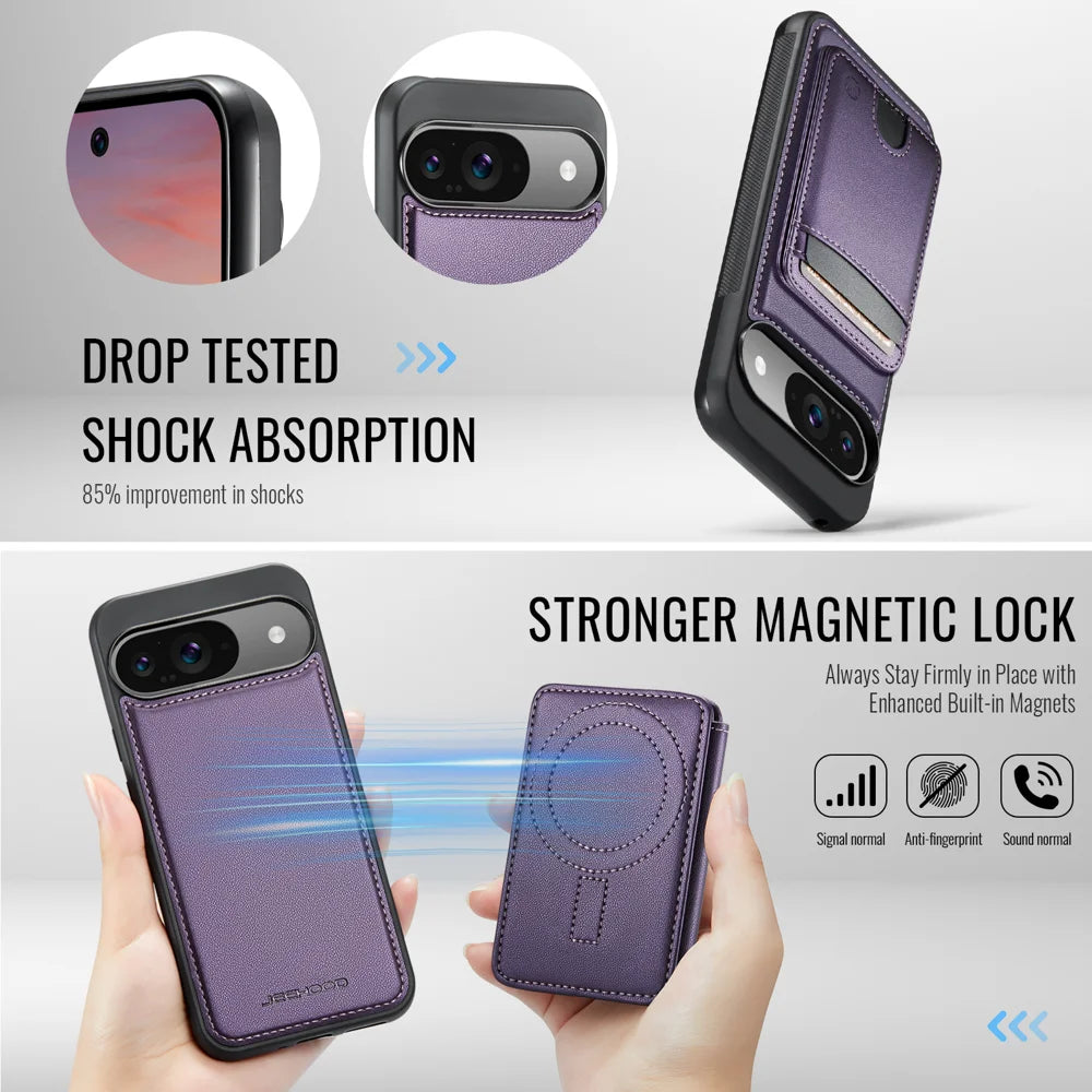 JEEHOOD For Google Pixel 9 Pro / Google Pixel 9 Case  J10 Magnetic Case Leather Back Phone Cover with Detachable Card Holder Kickstand - Purple - 3