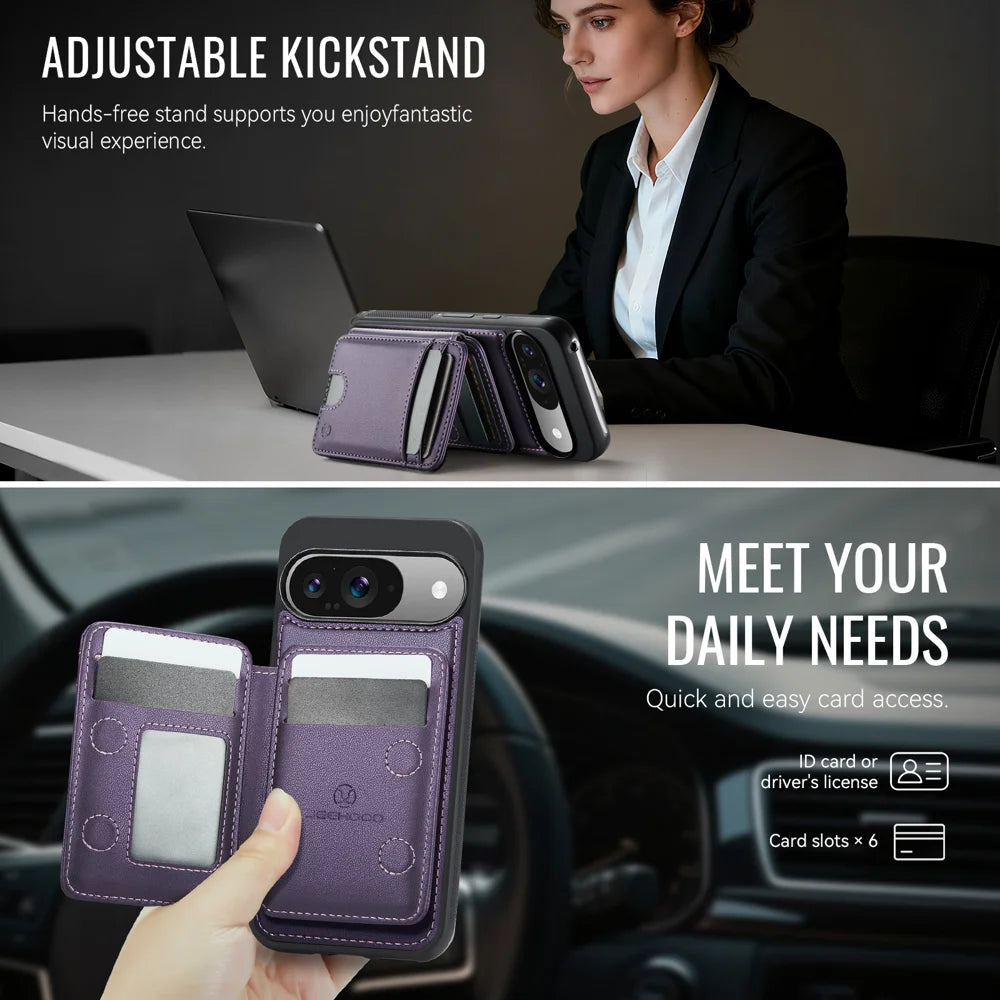JEEHOOD For Google Pixel 9 Pro / Google Pixel 9 Case  J10 Magnetic Case Leather Back Phone Cover with Detachable Card Holder Kickstand - Purple - 4