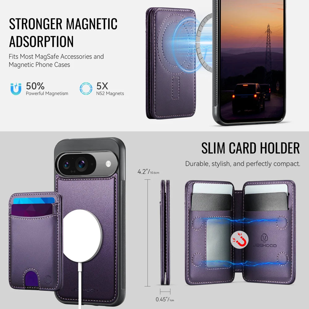 JEEHOOD For Google Pixel 9 Pro / Google Pixel 9 Case  J10 Magnetic Case Leather Back Phone Cover with Detachable Card Holder Kickstand - Purple - 6