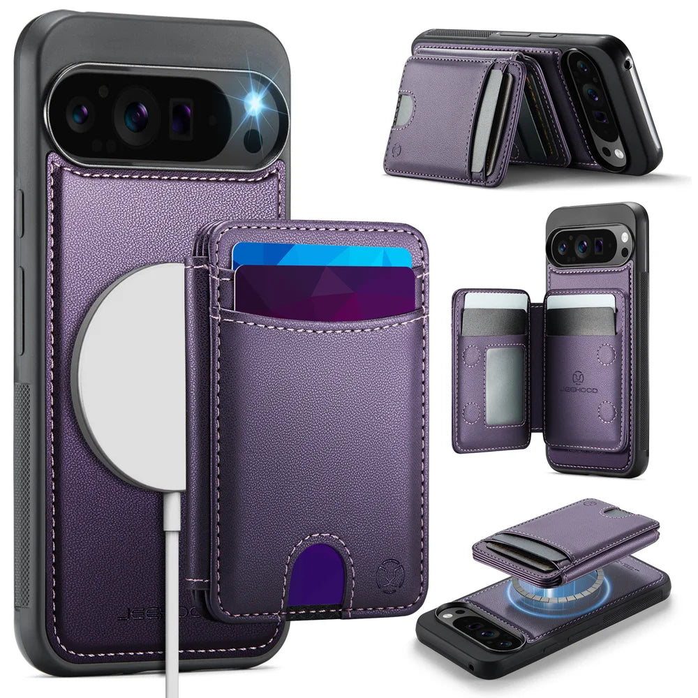 JEEHOOD For Google Pixel 10 Pro XL Case  J10  Magnetic Case Leather Back Phone Cover with Detachable Card Holder Kickstand - Purple - 1