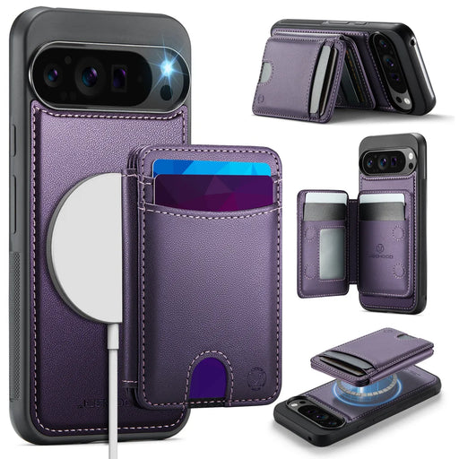 JEEHOOD For Google Pixel 10 Pro XL Case  J10  Magnetic Case Leather Back Phone Cover with Detachable Card Holder Kickstand - Purple - 1