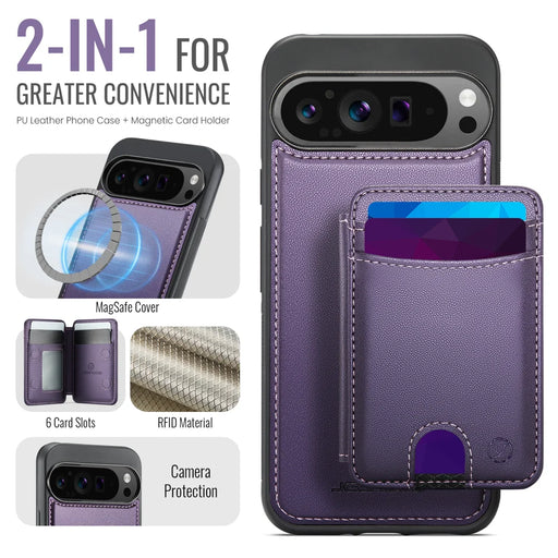 JEEHOOD For Google Pixel 10 Pro XL Case  J10  Magnetic Case Leather Back Phone Cover with Detachable Card Holder Kickstand - Purple - 2