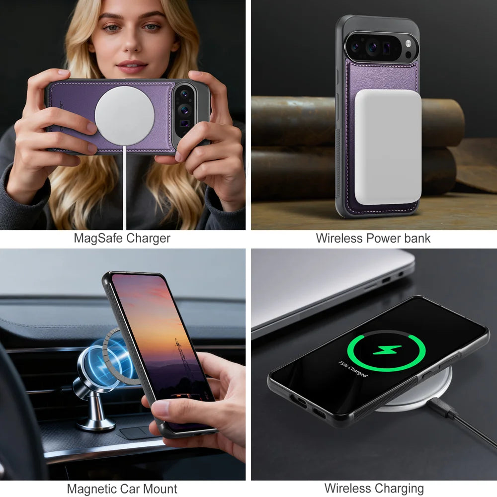 JEEHOOD For Google Pixel 10 Pro XL Case  J10  Magnetic Case Leather Back Phone Cover with Detachable Card Holder Kickstand - Purple - 7
