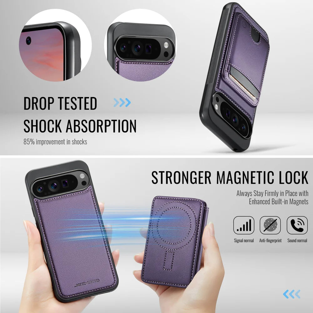JEEHOOD For Google Pixel 9 Pro XL Case  J10  Magnetic Case Leather Back Phone Cover with Detachable Card Holder Kickstand - Purple - 3