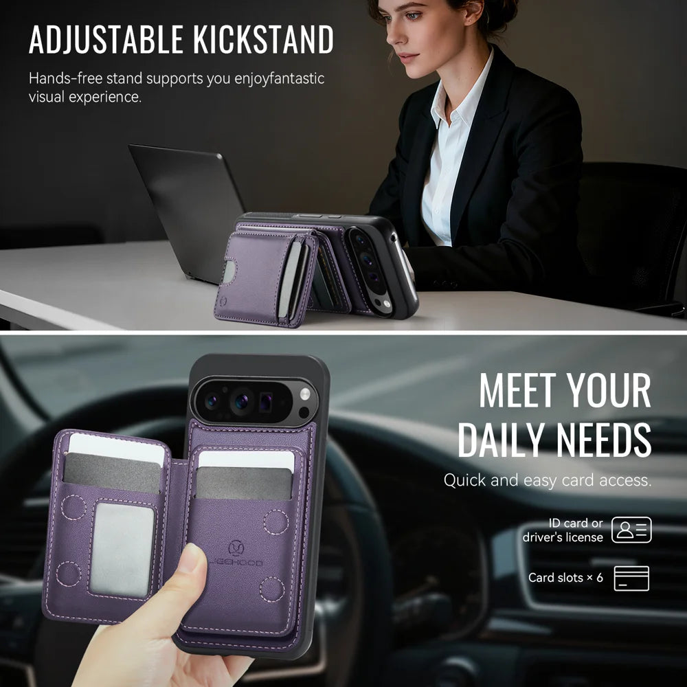 JEEHOOD For Google Pixel 9 Pro XL Case  J10  Magnetic Case Leather Back Phone Cover with Detachable Card Holder Kickstand - Purple - 4