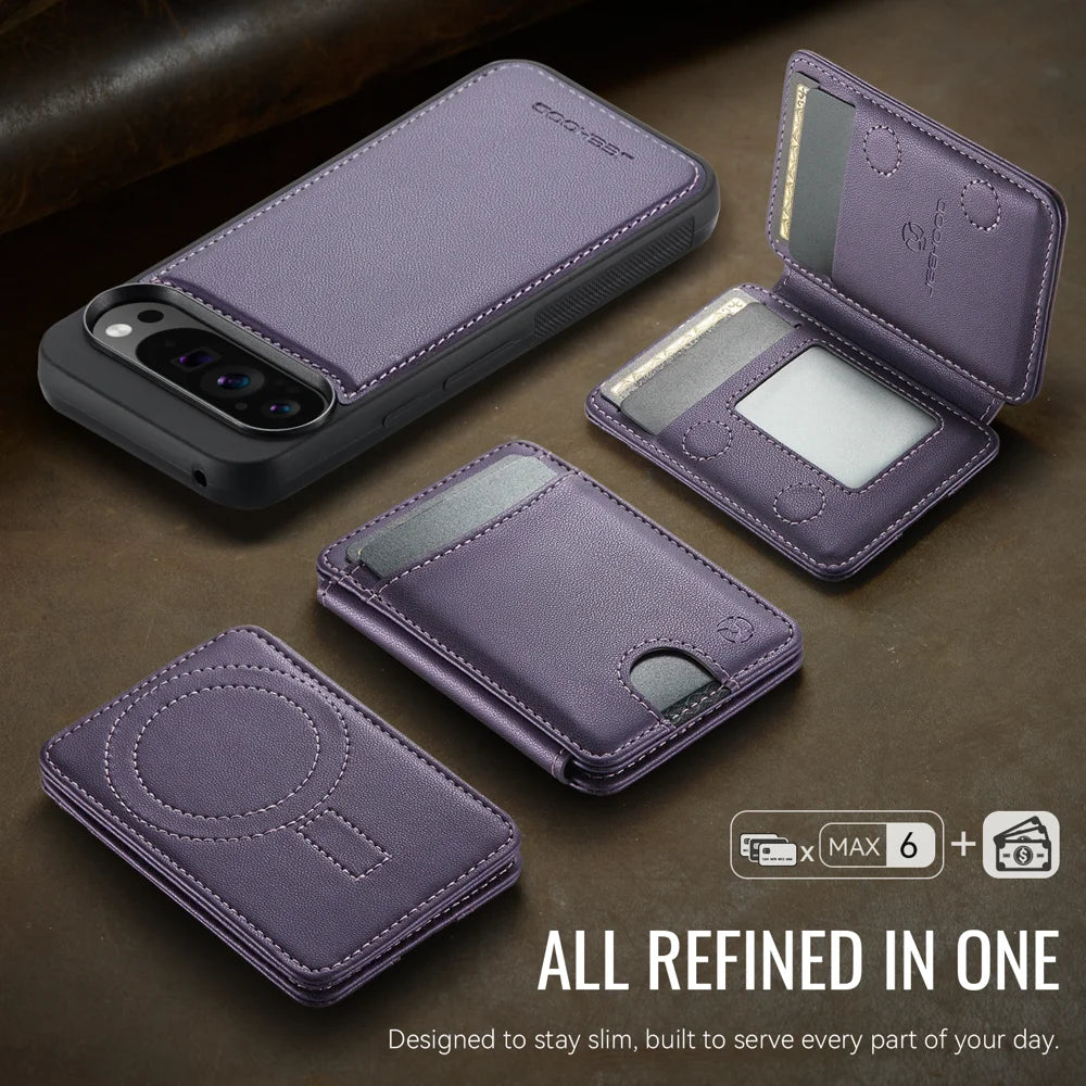 JEEHOOD For Google Pixel 9 Pro XL Case  J10  Magnetic Case Leather Back Phone Cover with Detachable Card Holder Kickstand - Purple - 5