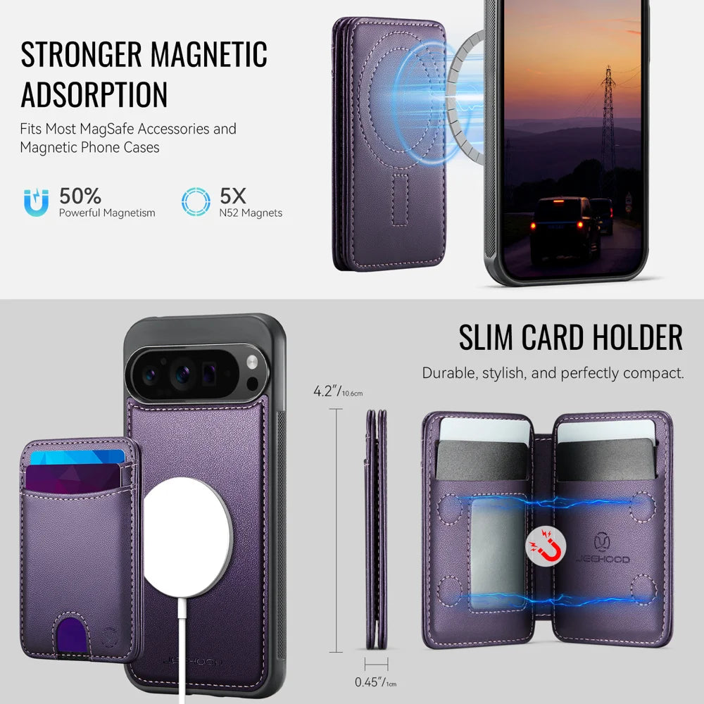 JEEHOOD For Google Pixel 9 Pro XL Case  J10  Magnetic Case Leather Back Phone Cover with Detachable Card Holder Kickstand - Purple - 6