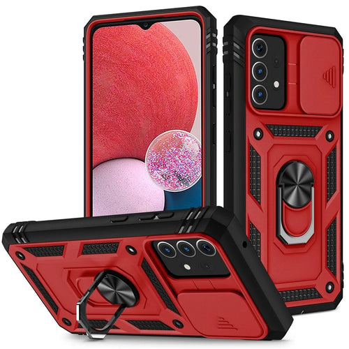 For Samsung Galaxy A13 4G Phone Cover Ring Kickstand Scratch-resistant Mobile Phone Case Card Holder with Sliding Camera Lid - Red  /  Black - 1