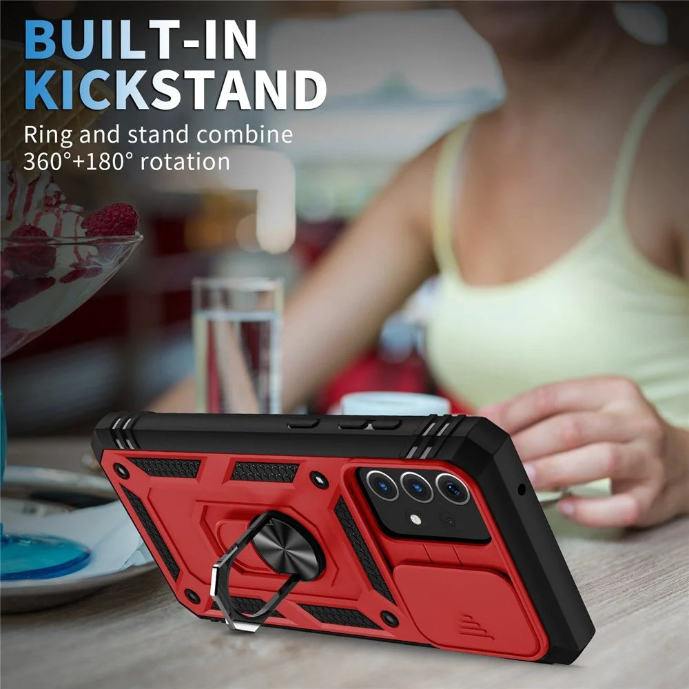 For Samsung Galaxy A13 4G Phone Cover Ring Kickstand Scratch-resistant Mobile Phone Case Card Holder with Sliding Camera Lid - Red  /  Black - 2