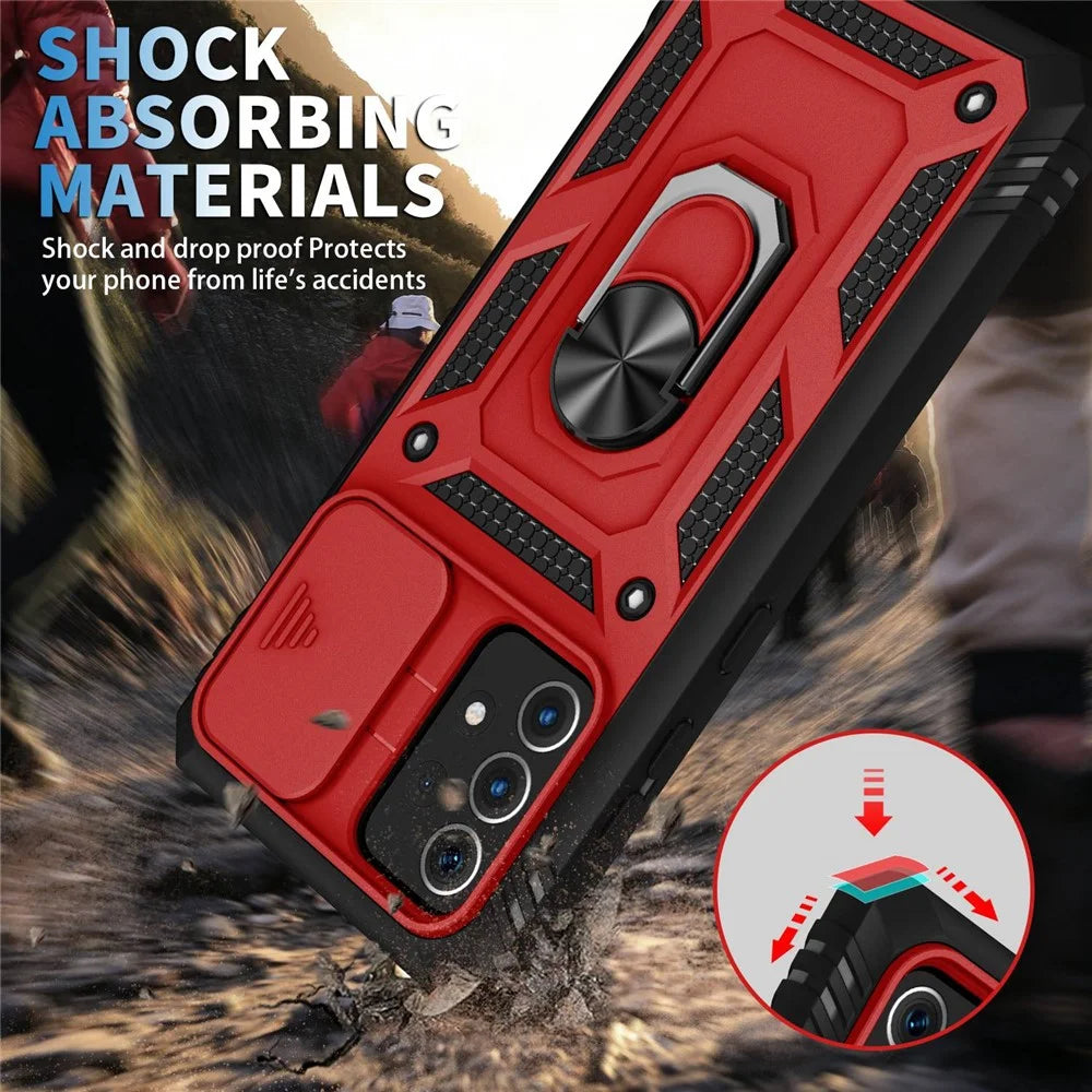 For Samsung Galaxy A13 4G Phone Cover Ring Kickstand Scratch-resistant Mobile Phone Case Card Holder with Sliding Camera Lid - Red  /  Black - 3