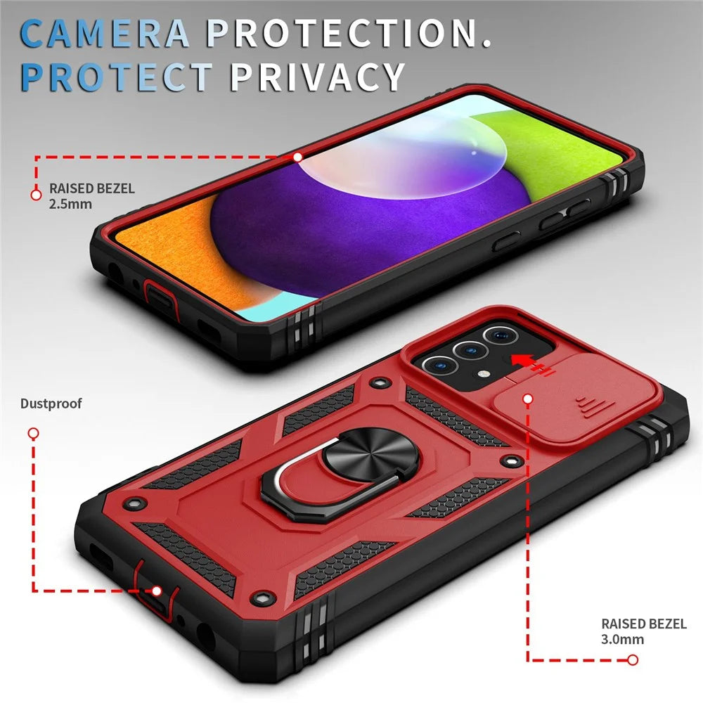 For Samsung Galaxy A13 4G Phone Cover Ring Kickstand Scratch-resistant Mobile Phone Case Card Holder with Sliding Camera Lid - Red  /  Black - 4