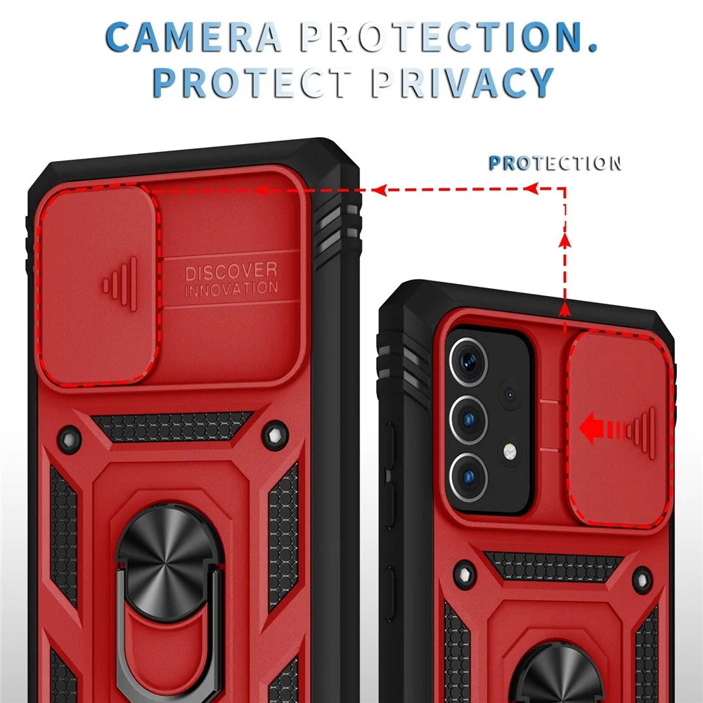 For Samsung Galaxy A13 4G Phone Cover Ring Kickstand Scratch-resistant Mobile Phone Case Card Holder with Sliding Camera Lid - Red  /  Black - 5