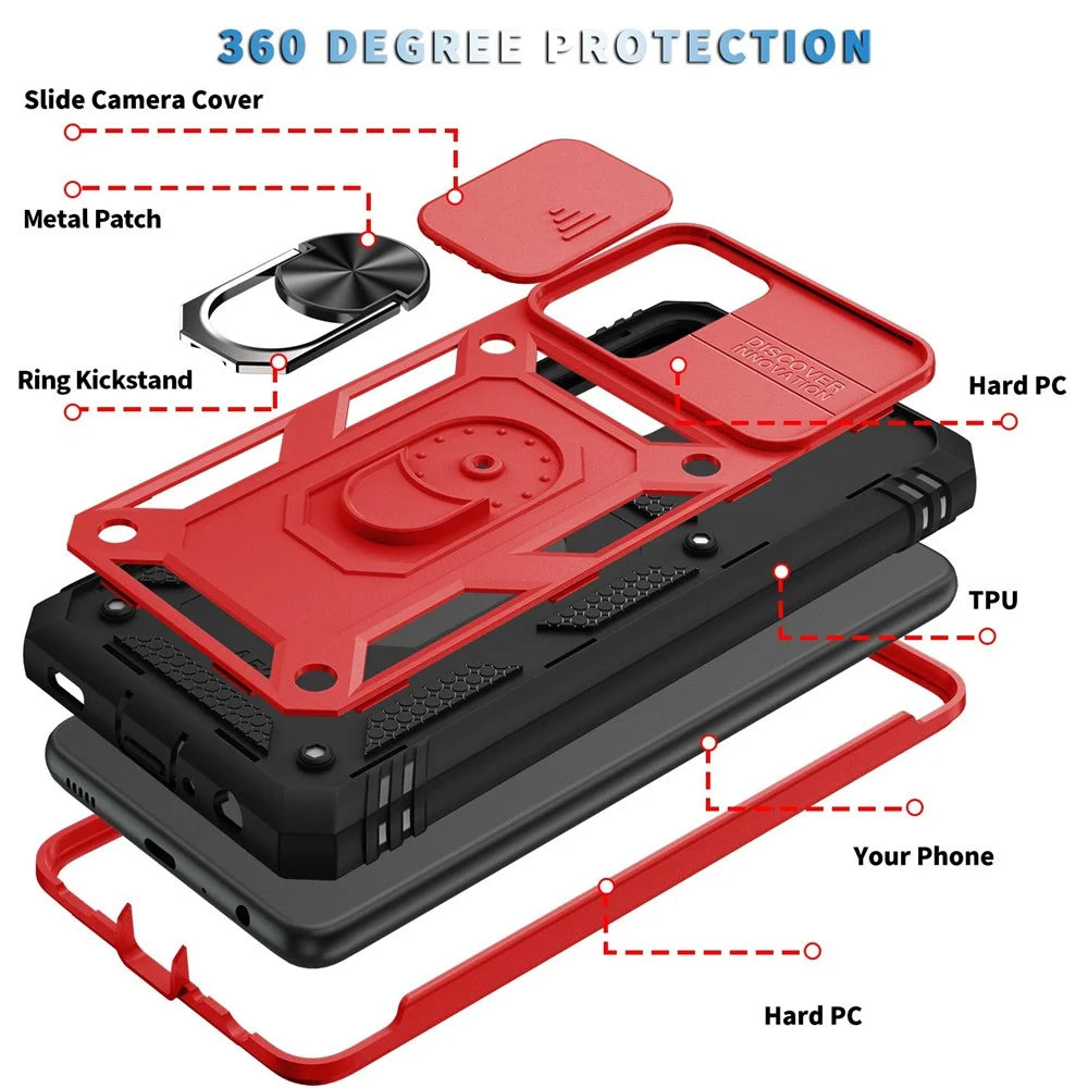 For Samsung Galaxy A13 4G Phone Cover Ring Kickstand Scratch-resistant Mobile Phone Case Card Holder with Sliding Camera Lid - Red  /  Black - 6