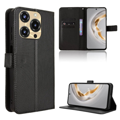 For Oukitel C69 Leather Wallet Case with Strap Diamond Texture Phone Cover - Black - 1