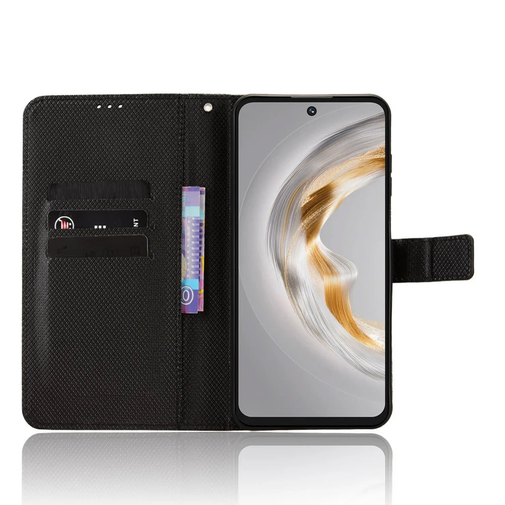 For Oukitel C69 Leather Wallet Case with Strap Diamond Texture Phone Cover - Black - 6