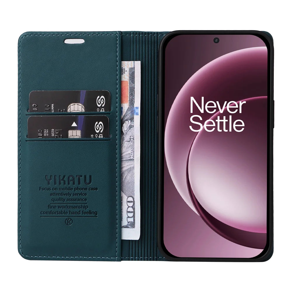 YIKATU For OnePlus 15 5G Phone Cases  Magnetic Closure PU Leather Mobile Cover - Green - 2