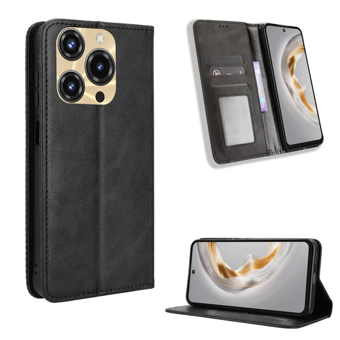 For Oukitel C69 Leather Case Wallet Stand Retro Texture Phone Cover - Black - 1