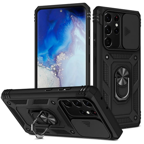 For Samsung Galaxy Note20 Ultra 5G Protective Phone Case Kickstand Card Holder with Sliding Camera Cover - Black - 1