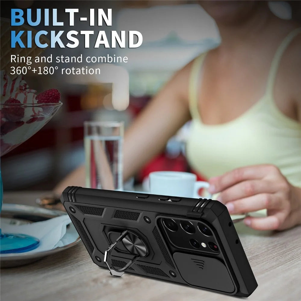 For Samsung Galaxy Note20 Ultra 5G Protective Phone Case Kickstand Card Holder with Sliding Camera Cover - Black - 2