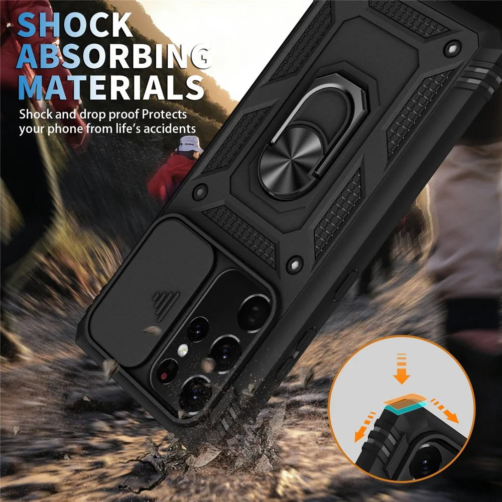 For Samsung Galaxy Note20 Ultra 5G Protective Phone Case Kickstand Card Holder with Sliding Camera Cover - Black - 3