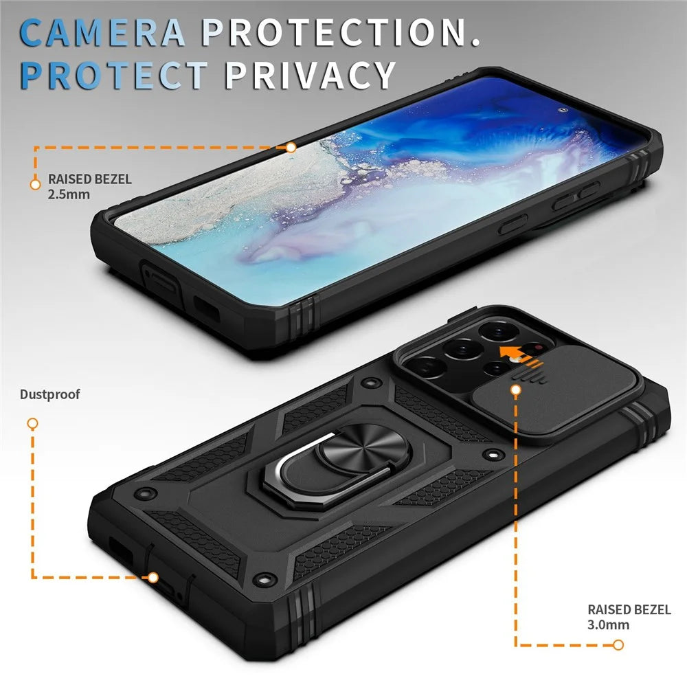 For Samsung Galaxy Note20 Ultra 5G Protective Phone Case Kickstand Card Holder with Sliding Camera Cover - Black - 4