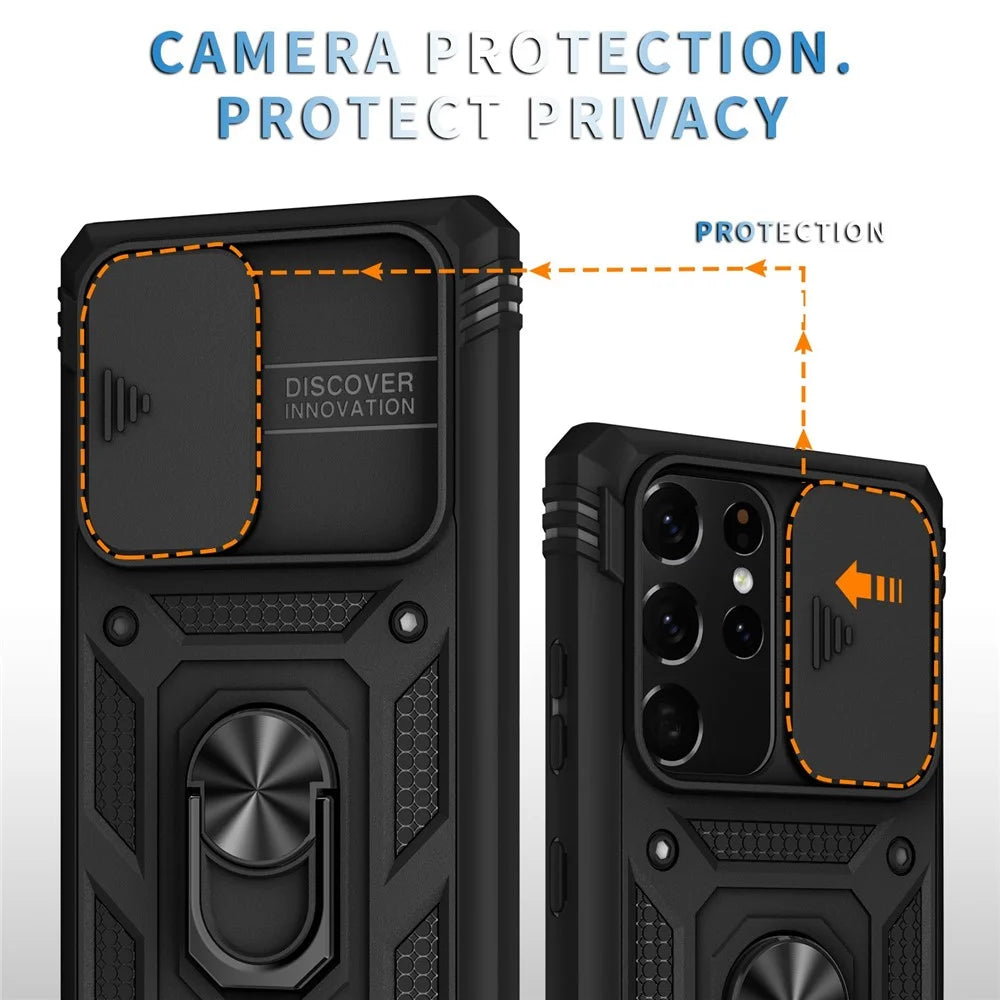 For Samsung Galaxy Note20 Ultra 5G Protective Phone Case Kickstand Card Holder with Sliding Camera Cover - Black - 5