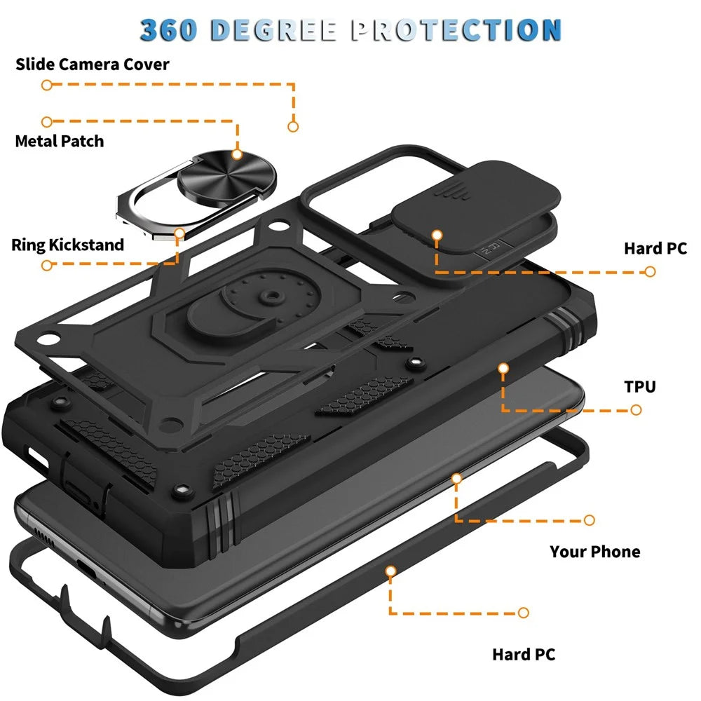 For Samsung Galaxy Note20 Ultra 5G Protective Phone Case Kickstand Card Holder with Sliding Camera Cover - Black - 6