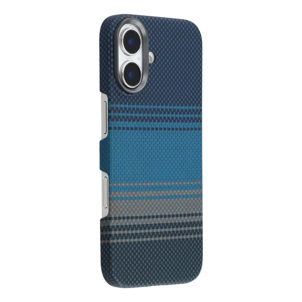 For iPhone 17 Case Gradient Aramid Fiber Magnetic Phone Cover with Metal Lens Frame - Blue Floating Weave - 1
