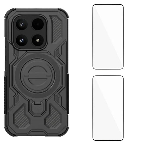 WANLONFENG For Xiaomi 17 Case Kickstand with 2Pcs Screen Film  KJ Series PC TPU Phone Cover (Big Lens Hole) - Black - 1