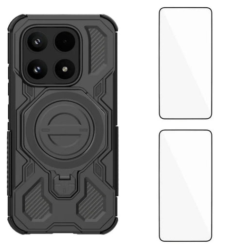 WANLONFENG For Xiaomi 17 Case Kickstand with 2Pcs Screen Film  KJ Series PC TPU Phone Cover (Big Lens Hole) - Black - 1
