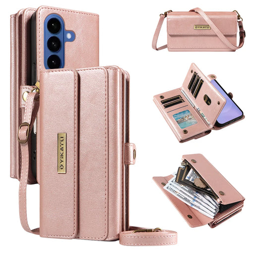 YIKATU For Samsung Galaxy S26 Case  YK-008 Zipper Wallet Leather Phone Cover with Shoulder Strap - Rose Gold - 1