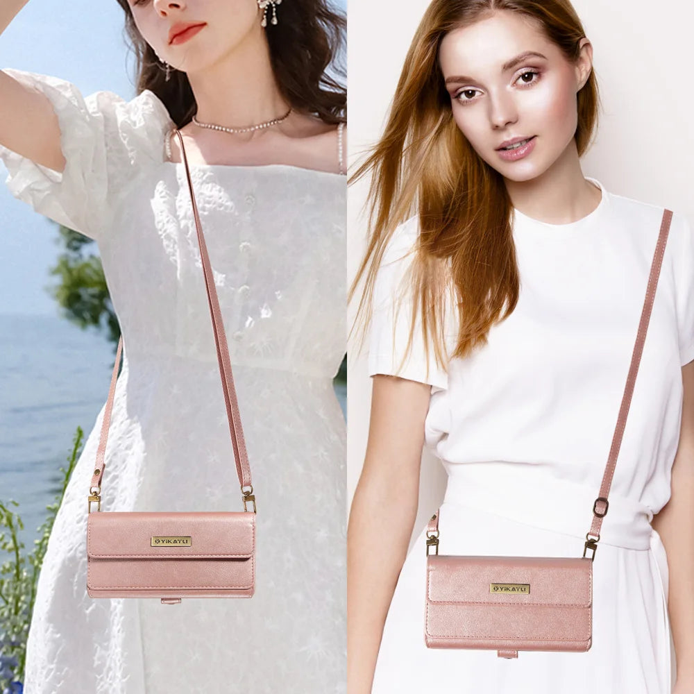 YIKATU For Samsung Galaxy S26 Case  YK-008 Zipper Wallet Leather Phone Cover with Shoulder Strap - Rose Gold - 6