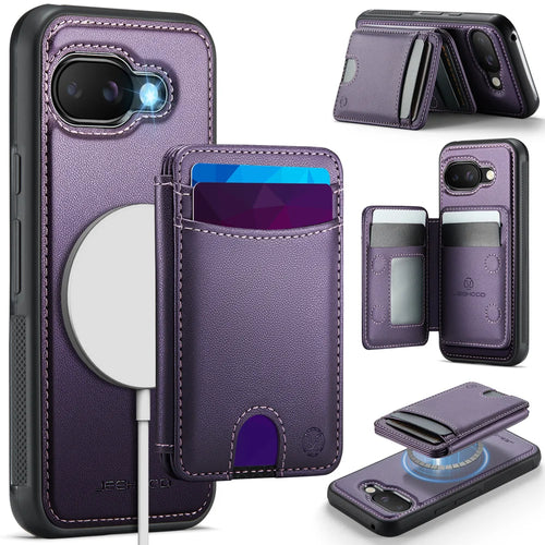 JEEHOOD For Google Pixel 9a Case  J10 Magnetic Case Leather Back Phone Cover with Detachable Card Holder Kickstand - Purple - 1
