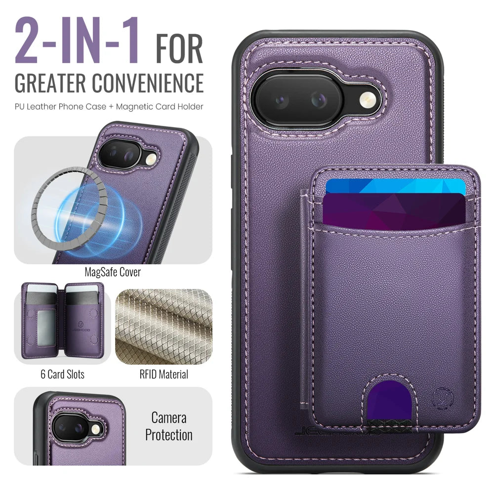 JEEHOOD For Google Pixel 9a Case  J10 Magnetic Case Leather Back Phone Cover with Detachable Card Holder Kickstand - Purple - 2