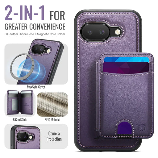 JEEHOOD For Google Pixel 9a Case  J10 Magnetic Case Leather Back Phone Cover with Detachable Card Holder Kickstand - Purple - 2