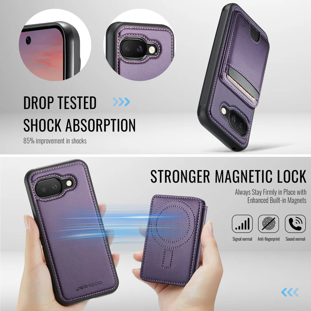 JEEHOOD For Google Pixel 9a Case  J10 Magnetic Case Leather Back Phone Cover with Detachable Card Holder Kickstand - Purple - 3