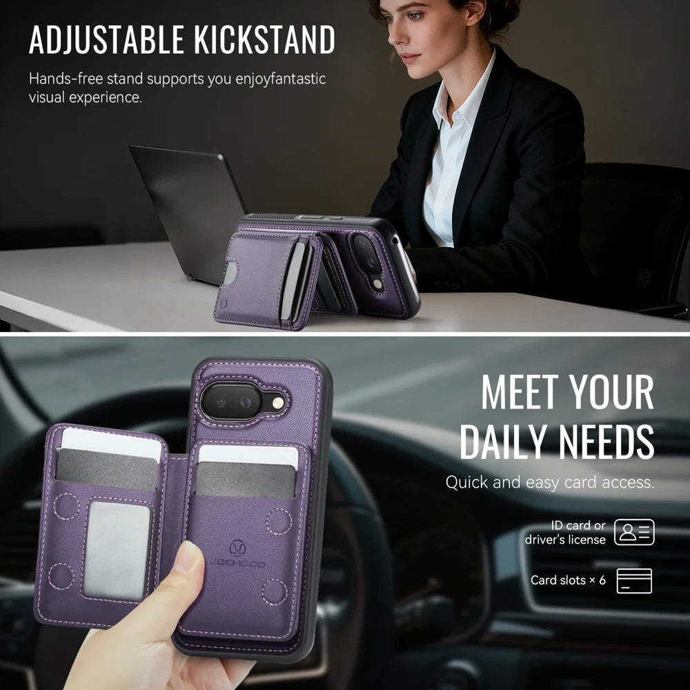 JEEHOOD For Google Pixel 9a Case  J10 Magnetic Case Leather Back Phone Cover with Detachable Card Holder Kickstand - Purple - 4